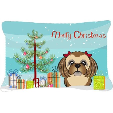 Carolines Treasures Carolines Treasures BB1621PW1216 Christmas Tree & Chocolate Brown Shih Tzu Fabric Decorative Pillow BB1621PW1216